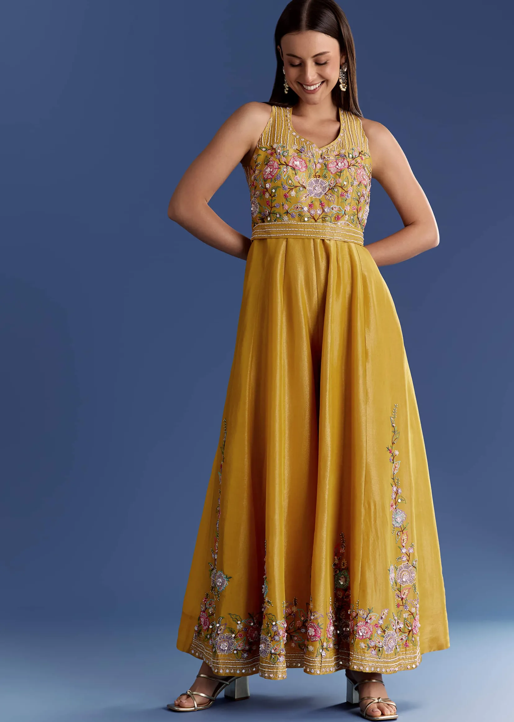 Yellow Tissue Jumpsuit With Moti And Cutdana Belt