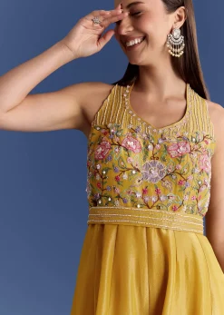 Yellow Tissue Jumpsuit With Moti And Cutdana Belt