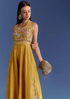 Yellow Tissue Jumpsuit With Moti And Cutdana Belt