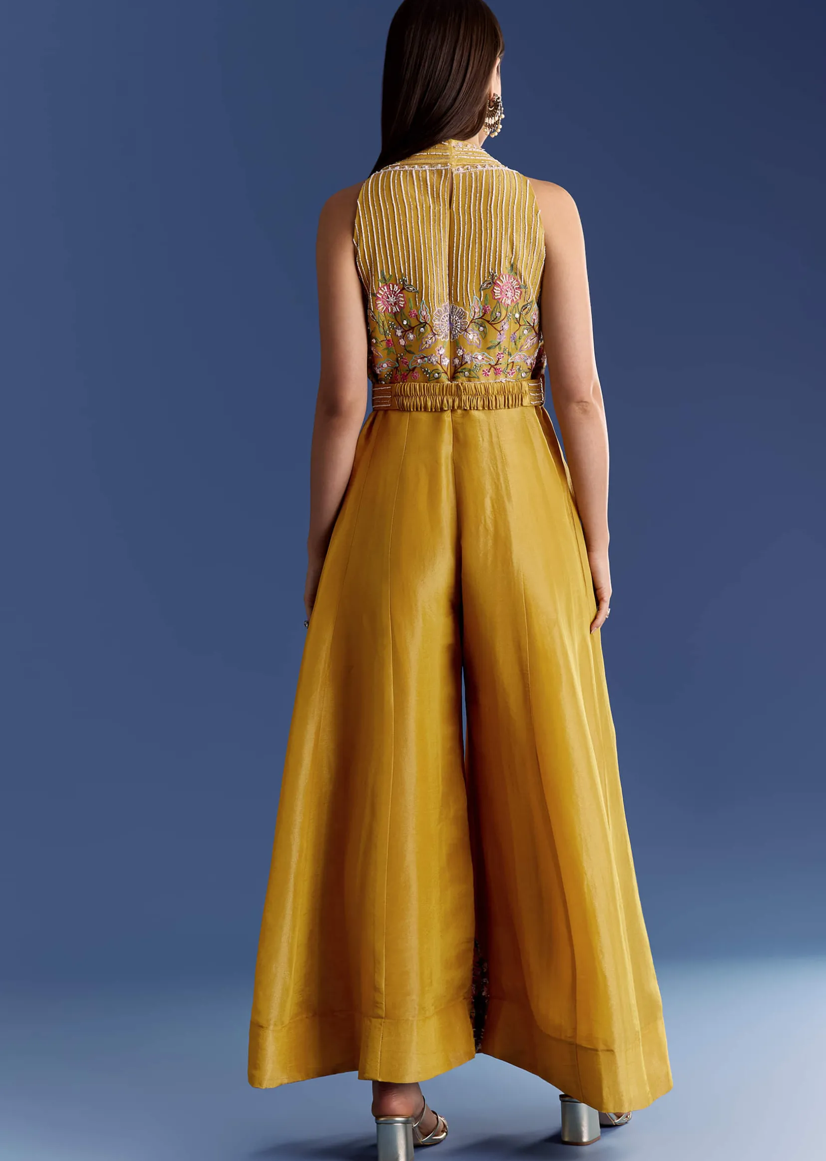 Yellow Tissue Jumpsuit With Moti And Cutdana Belt