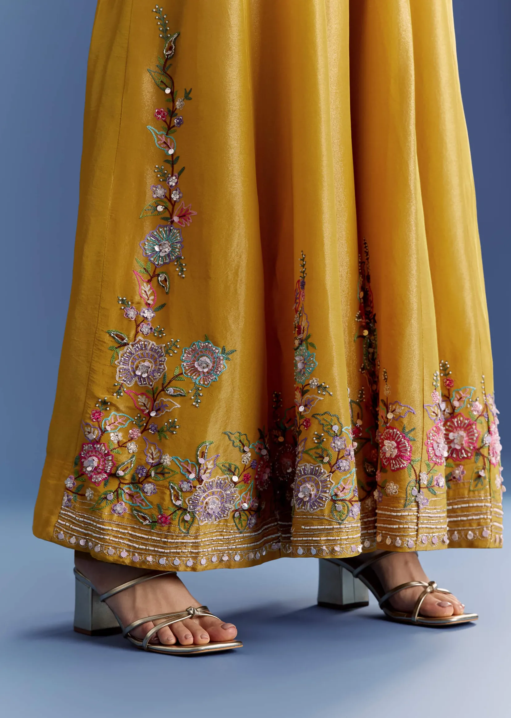 Yellow Tissue Jumpsuit With Moti And Cutdana Belt