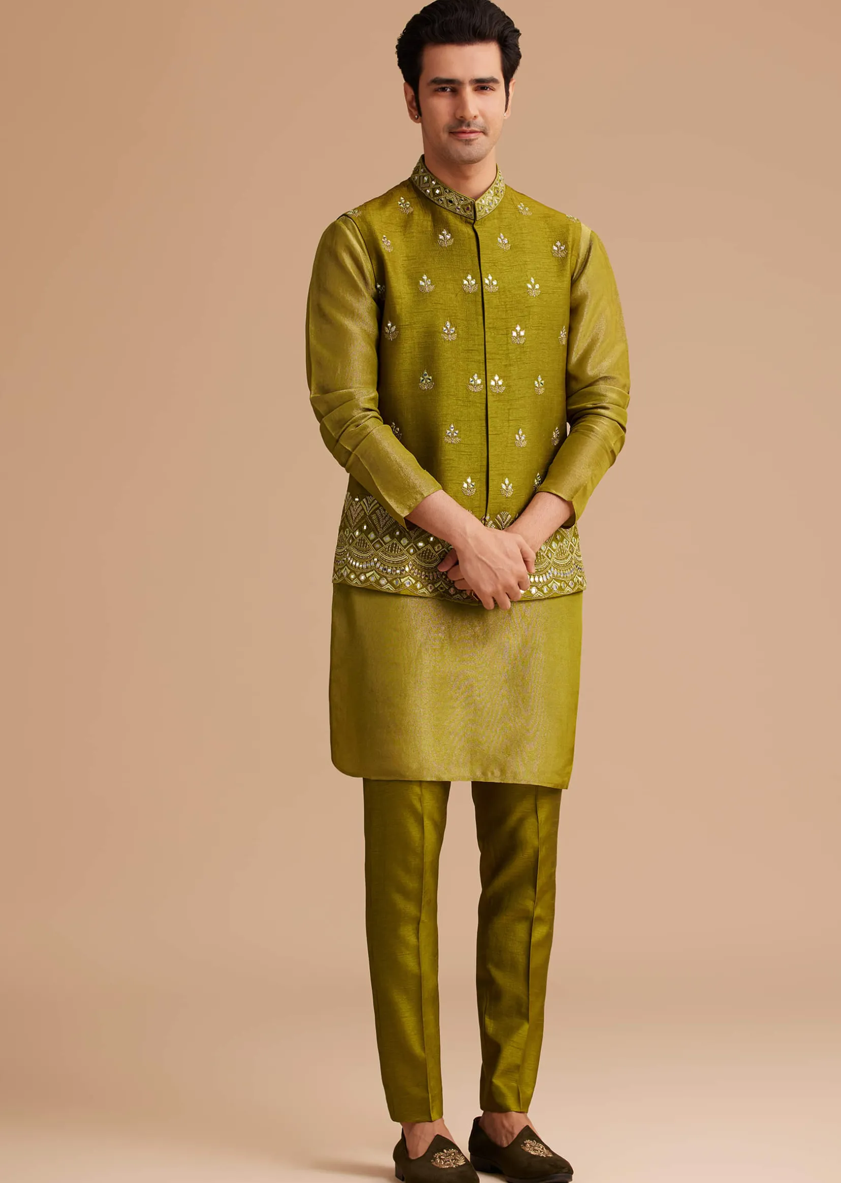 Yellow Tissue Kurta Jacket Set With Resham And Mirror Embroidery