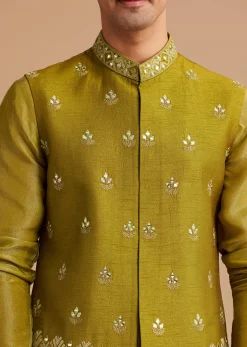 Yellow Tissue Kurta Jacket Set With Resham And Mirror Embroidery