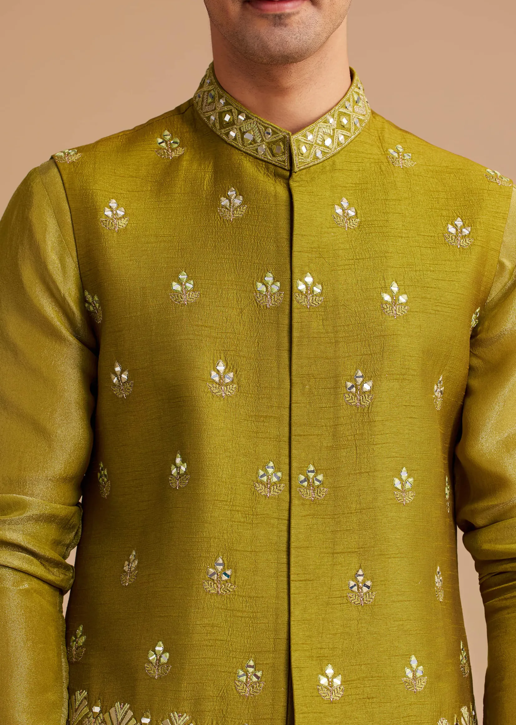 Yellow Tissue Kurta Jacket Set With Resham And Mirror Embroidery