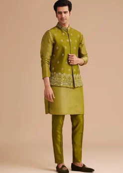 Yellow Tissue Kurta Jacket Set With Resham And Mirror Embroidery