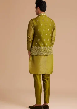 Yellow Tissue Kurta Jacket Set With Resham And Mirror Embroidery