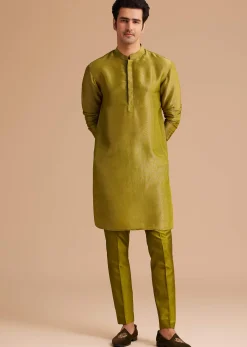 Yellow Tissue Kurta Jacket Set With Resham And Mirror Embroidery