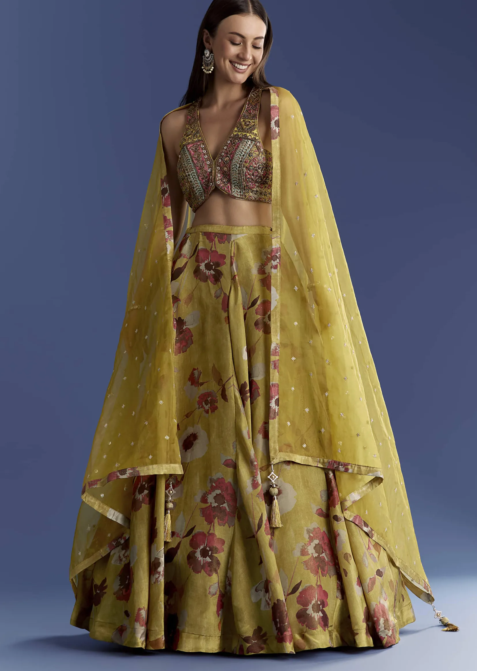 Yellow Tissue Lehenga Set With Zardosi Choli And Sequins Dupatta
