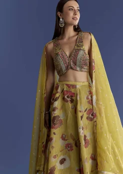 Yellow Tissue Lehenga Set With Zardosi Choli And Sequins Dupatta