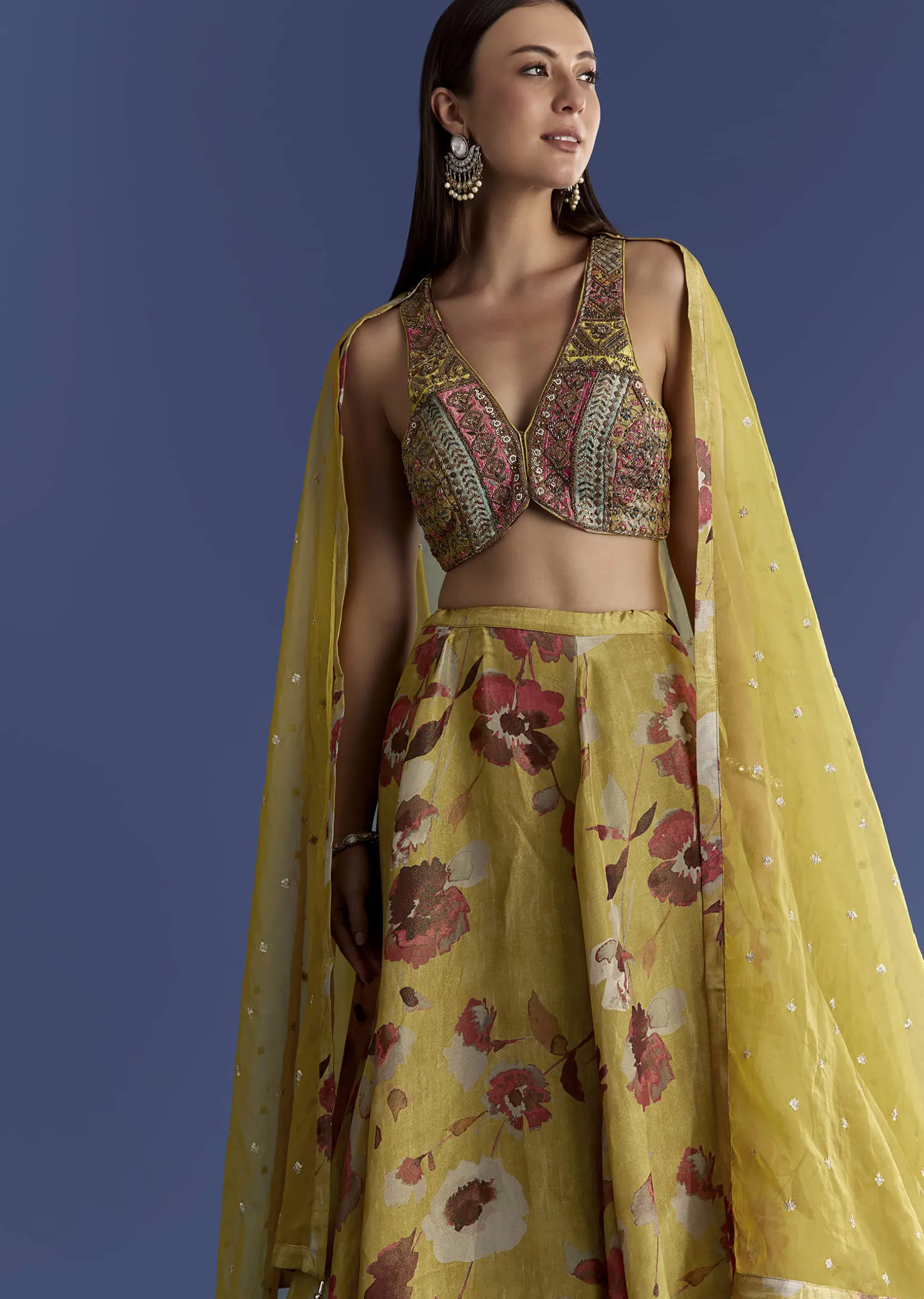 Yellow Tissue Lehenga Set With Zardosi Choli And Sequins Dupatta