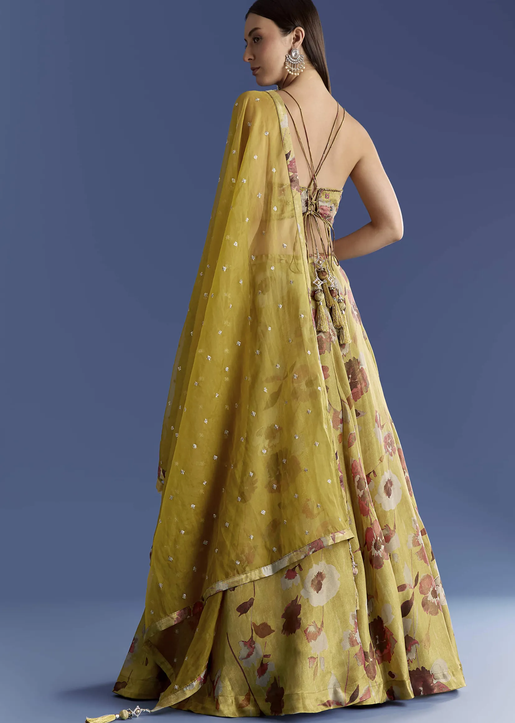 Yellow Tissue Lehenga Set With Zardosi Choli And Sequins Dupatta