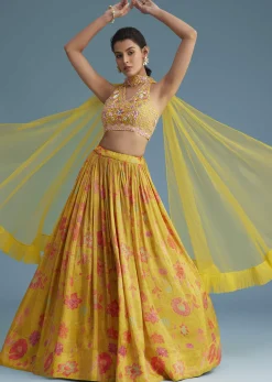 Yellow Tissue Silk Lehenga Set With Floral Print And Embroidery