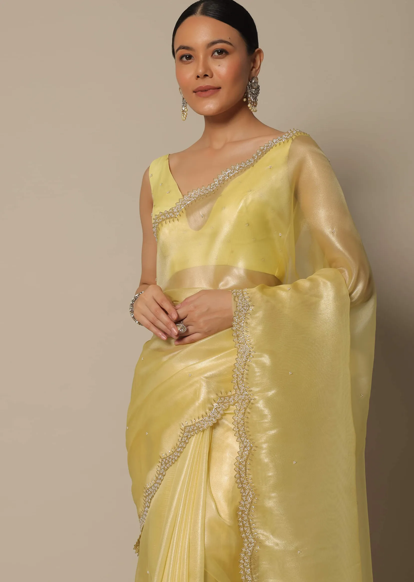 Yellow Tissue Silk Saree With Bead Work And Unstitched Blouse Piece