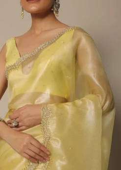 Yellow Tissue Silk Saree With Bead Work And Unstitched Blouse Piece