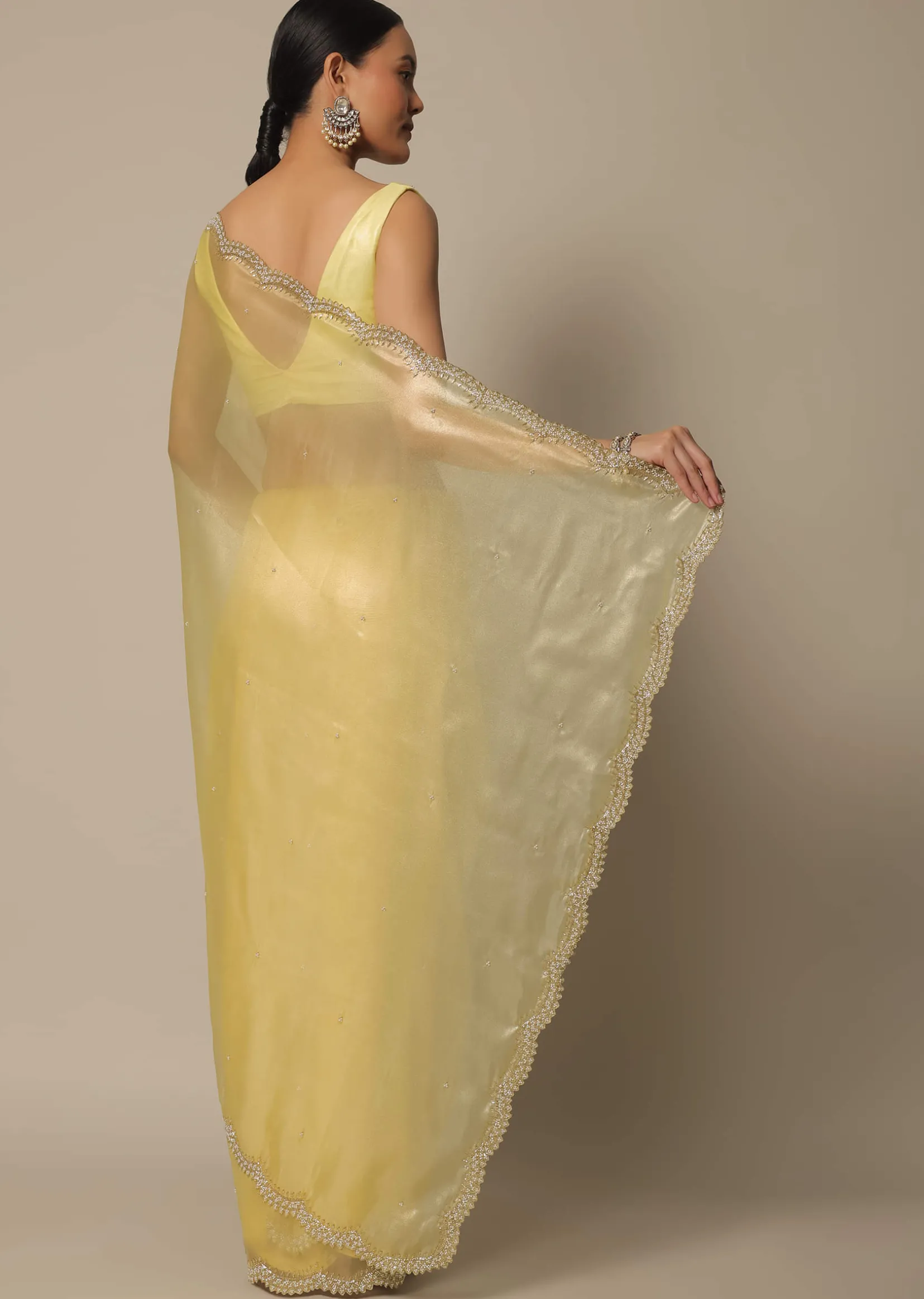 Yellow Tissue Silk Saree With Bead Work And Unstitched Blouse Piece