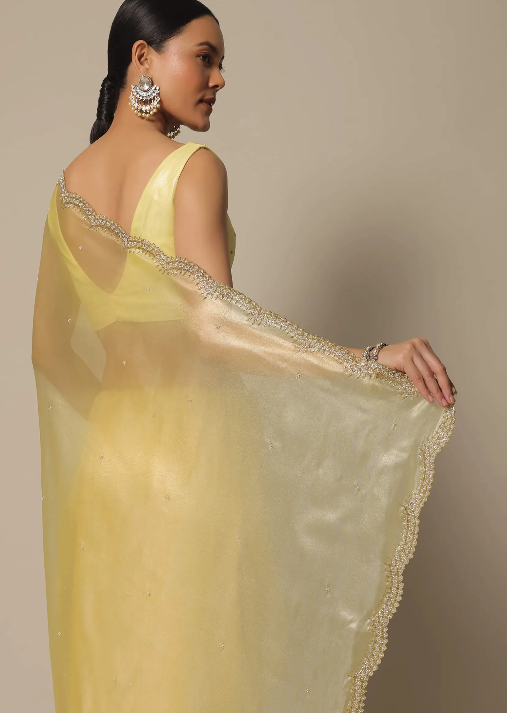 Yellow Tissue Silk Saree With Bead Work And Unstitched Blouse Piece