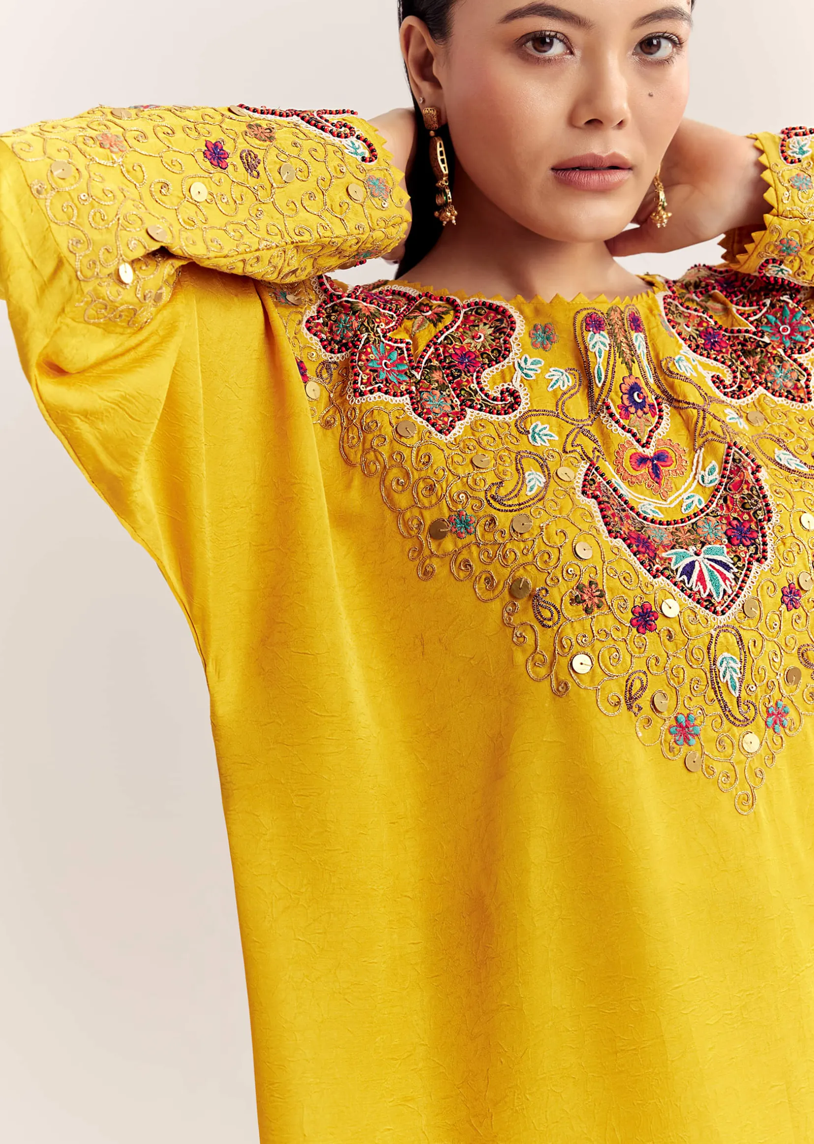 Yellow Tussar Silk Kurta Skirt With Beads And Threadwork