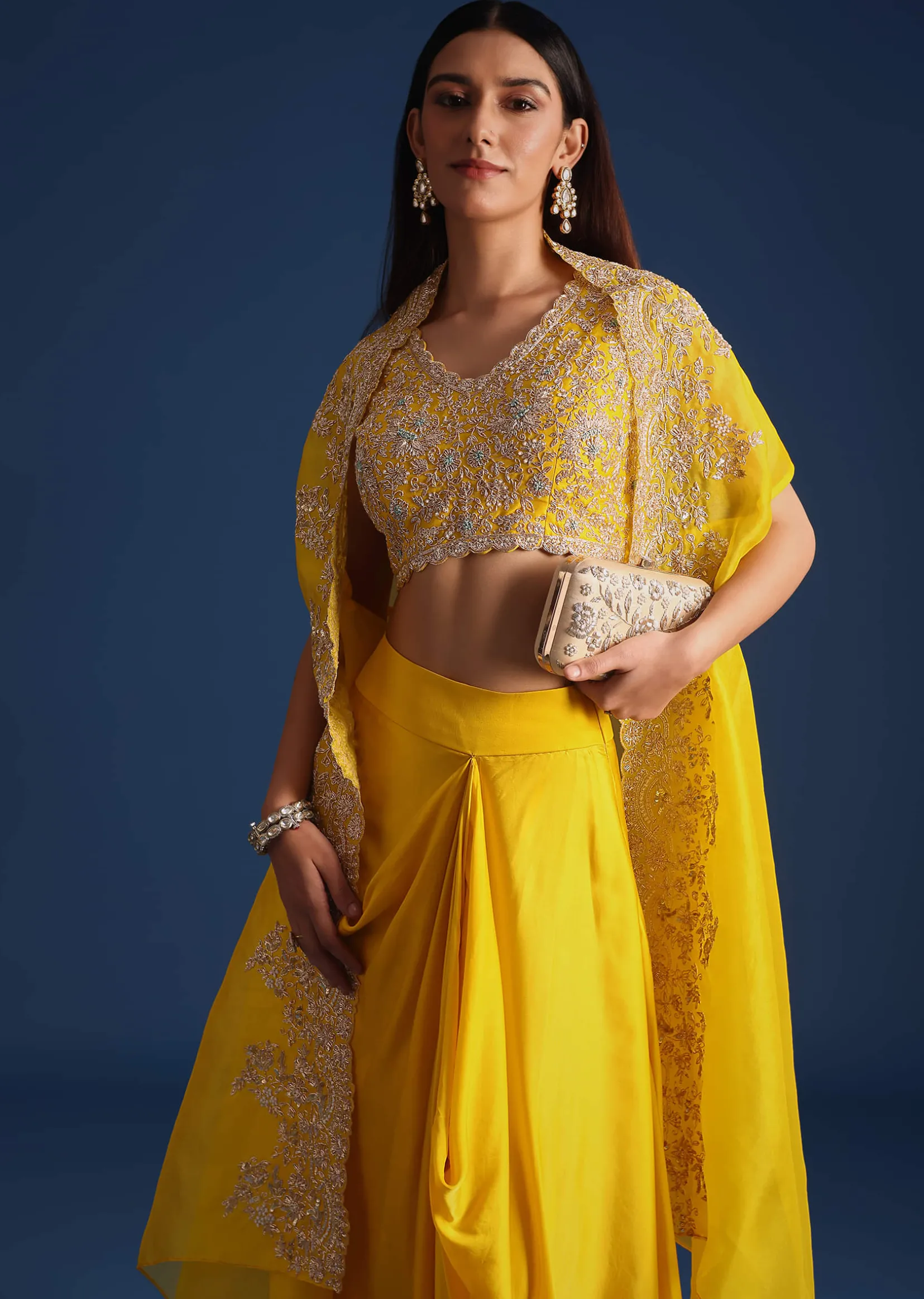 Yellow Zardozi Work Crop Top With Jacket And Skirt