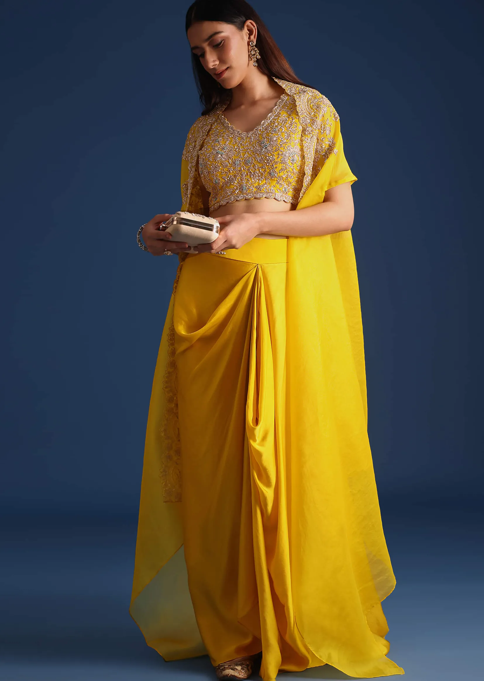 Yellow Zardozi Work Crop Top With Jacket And Skirt