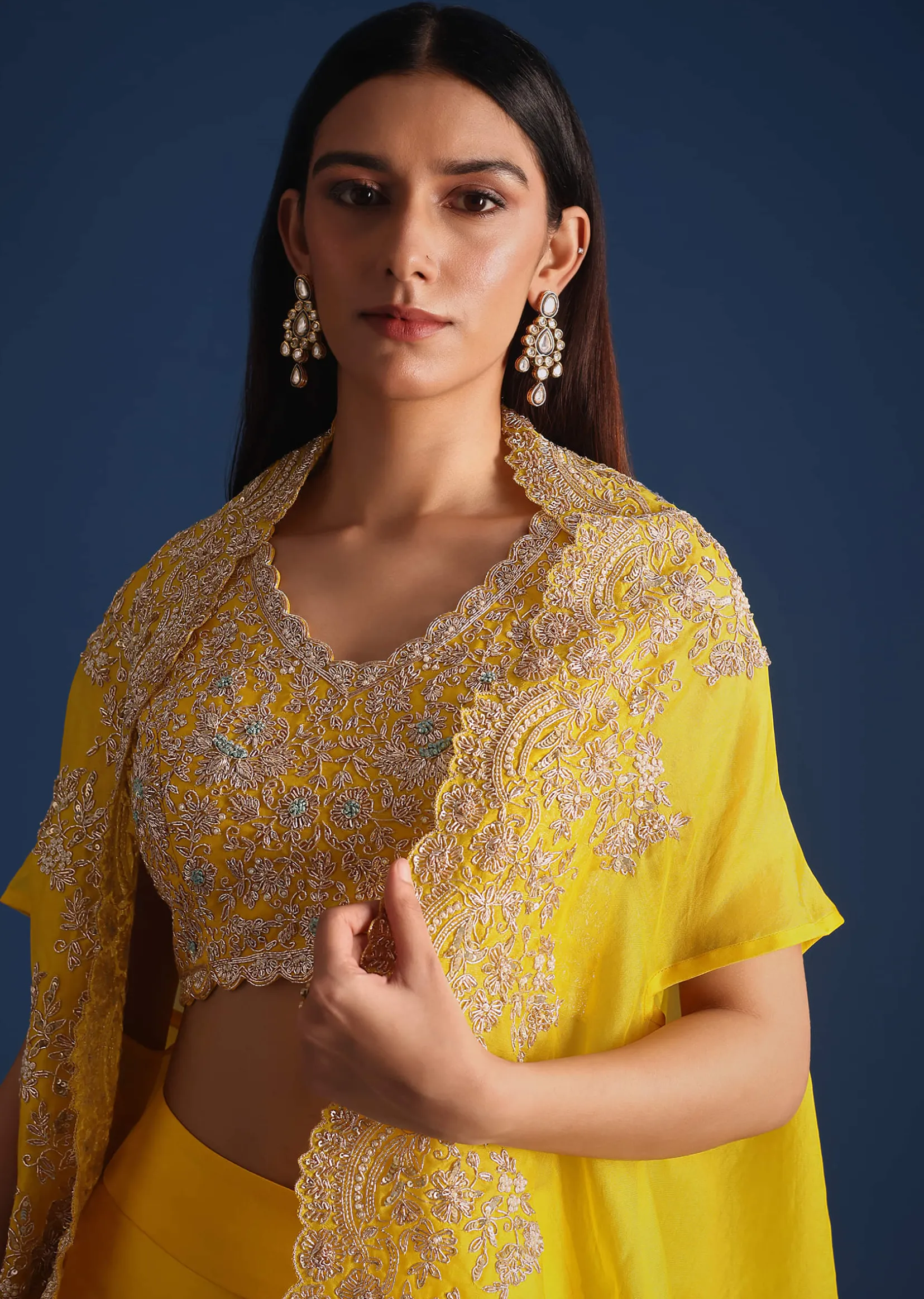 Yellow Zardozi Work Crop Top With Jacket And Skirt
