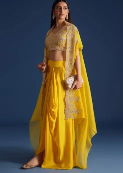 Yellow Zardozi Work Crop Top With Jacket And Skirt