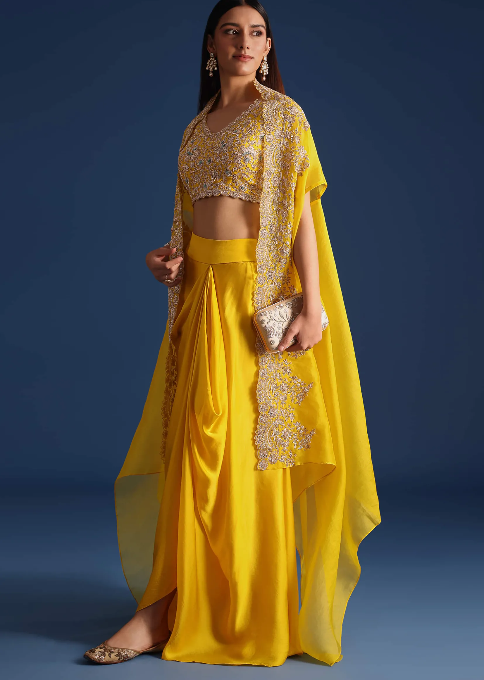 Yellow Zardozi Work Crop Top With Jacket And Skirt