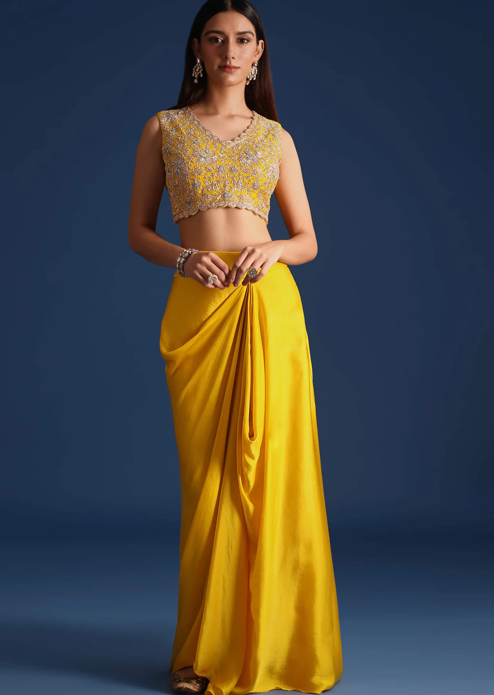 Yellow Zardozi Work Crop Top With Jacket And Skirt