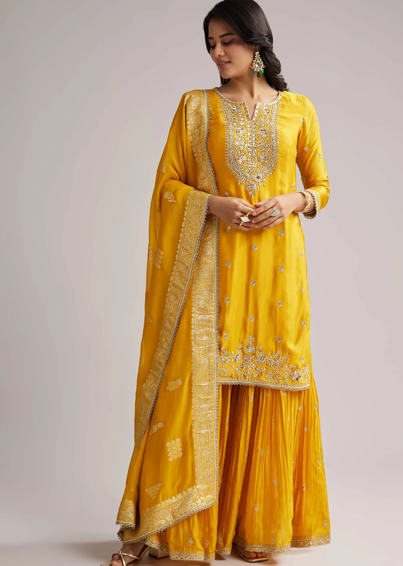 Yellow Zari Palazzo Suit Set With Dupatta