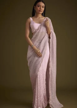 Zephyr Pink Saree In Sequins And Organza With Embroidery