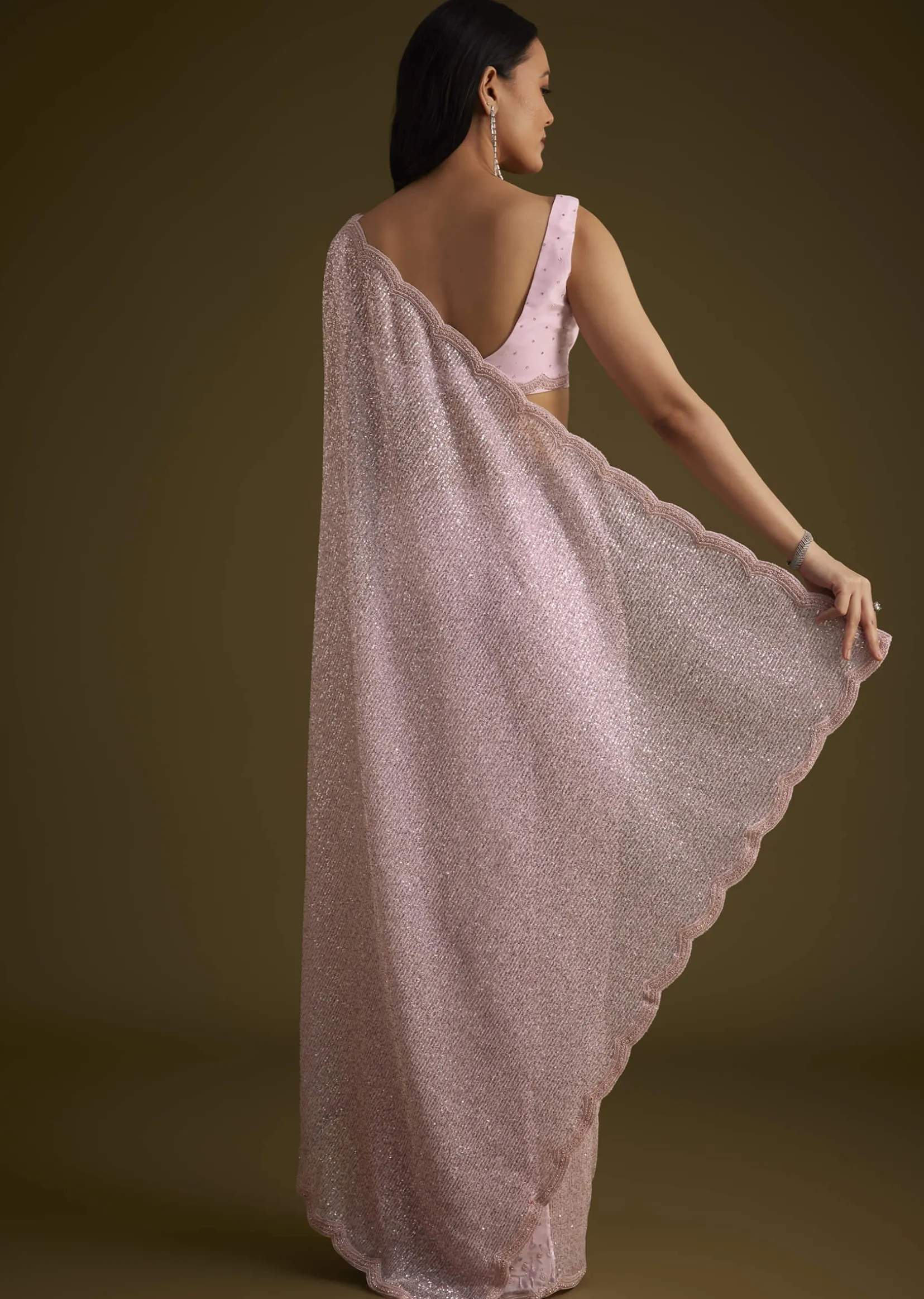 Zephyr Pink Saree In Sequins And Organza With Embroidery