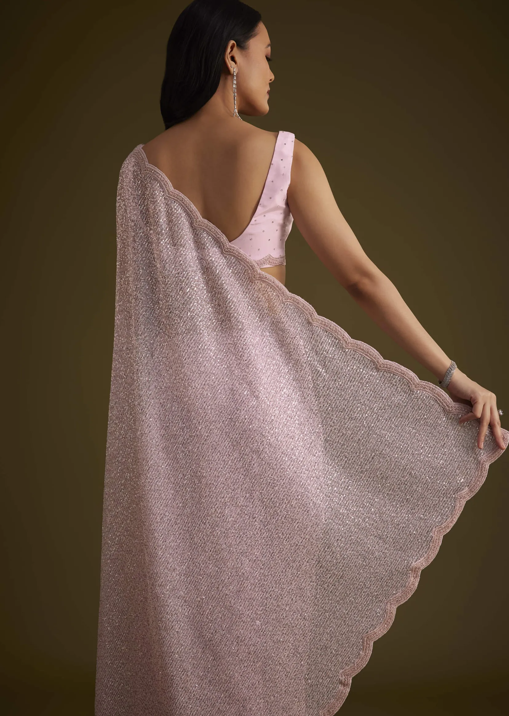 Zephyr Pink Saree In Sequins And Organza With Embroidery