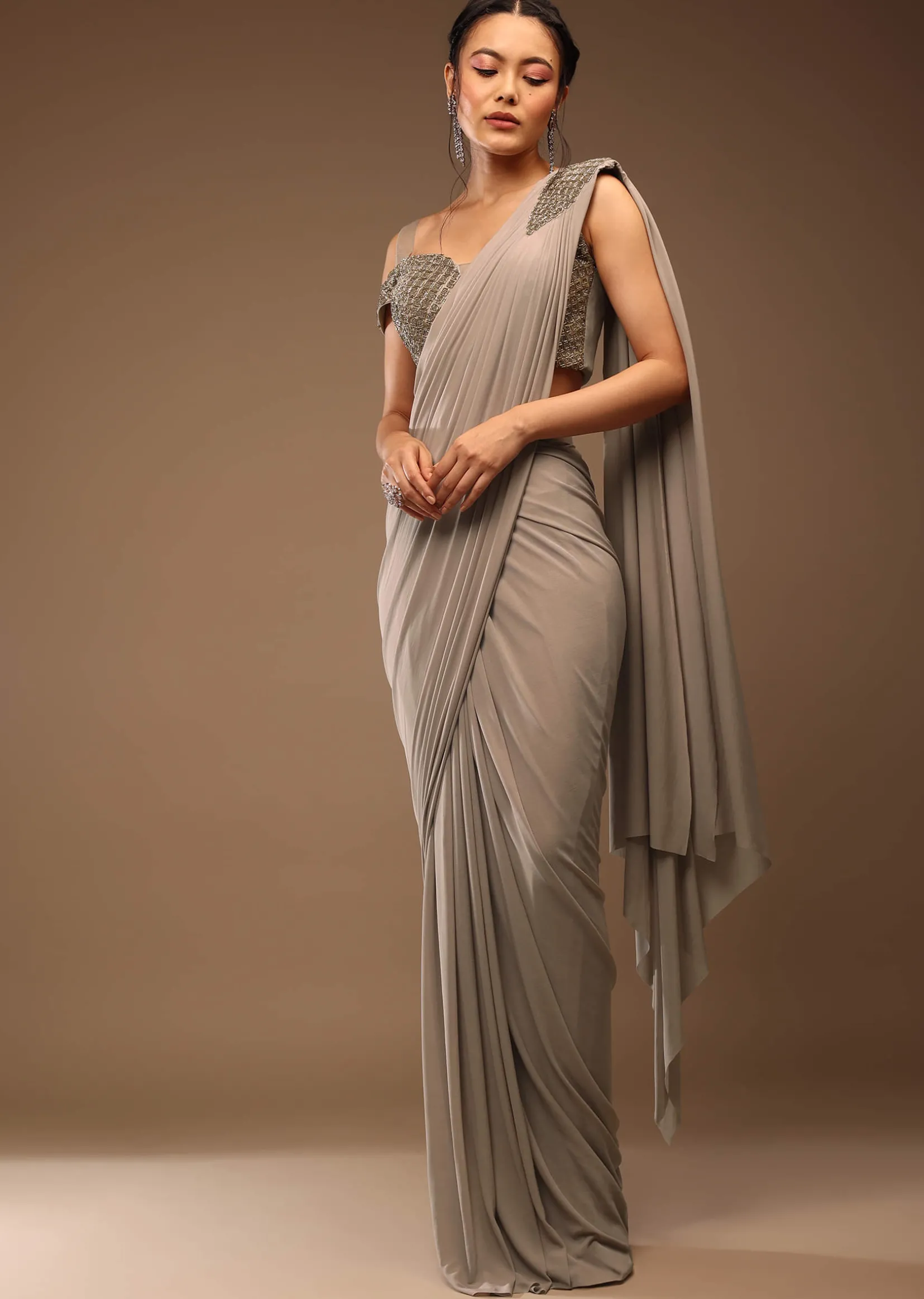 Zinc Grey Pre Drape Saree And A Cold Shoulder Top In Stones Embellishment