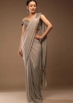 Zinc Grey Pre Drape Saree And A Cold Shoulder Top In Stones Embellishment