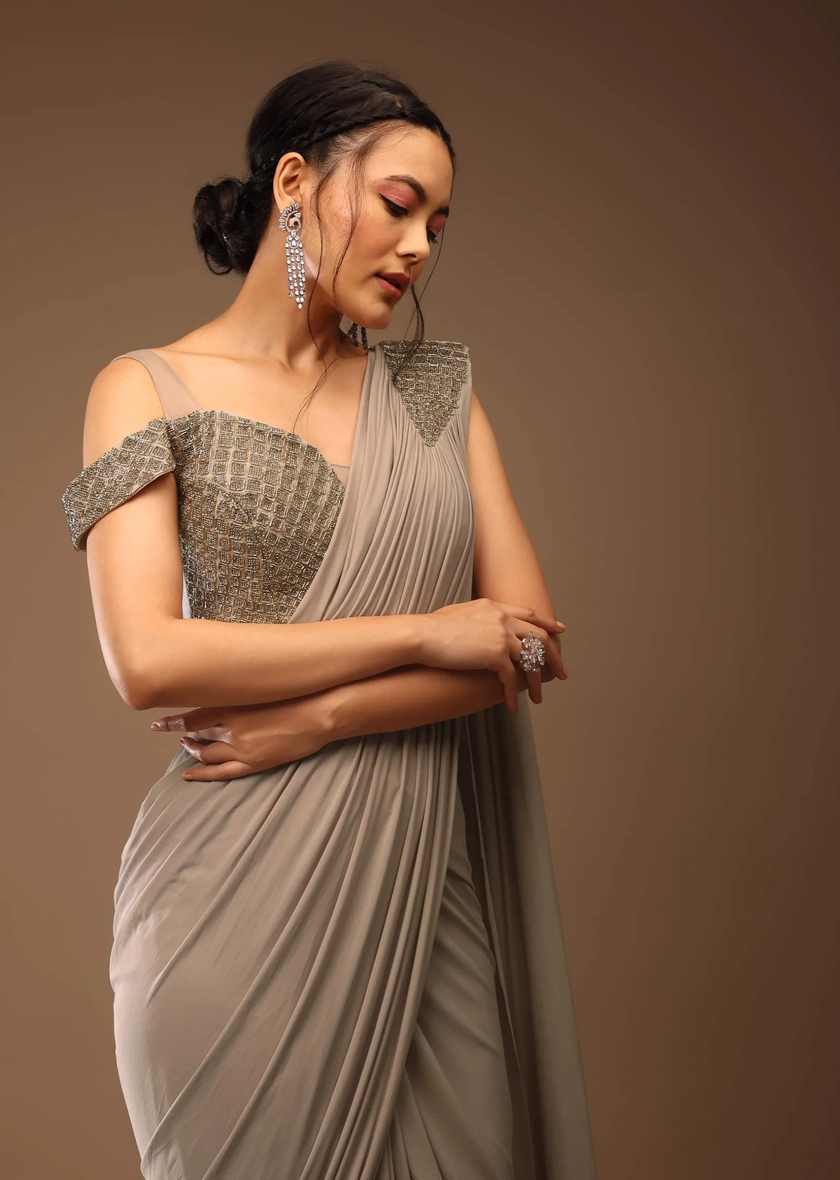 Zinc Grey Pre Drape Saree And A Cold Shoulder Top In Stones Embellishment