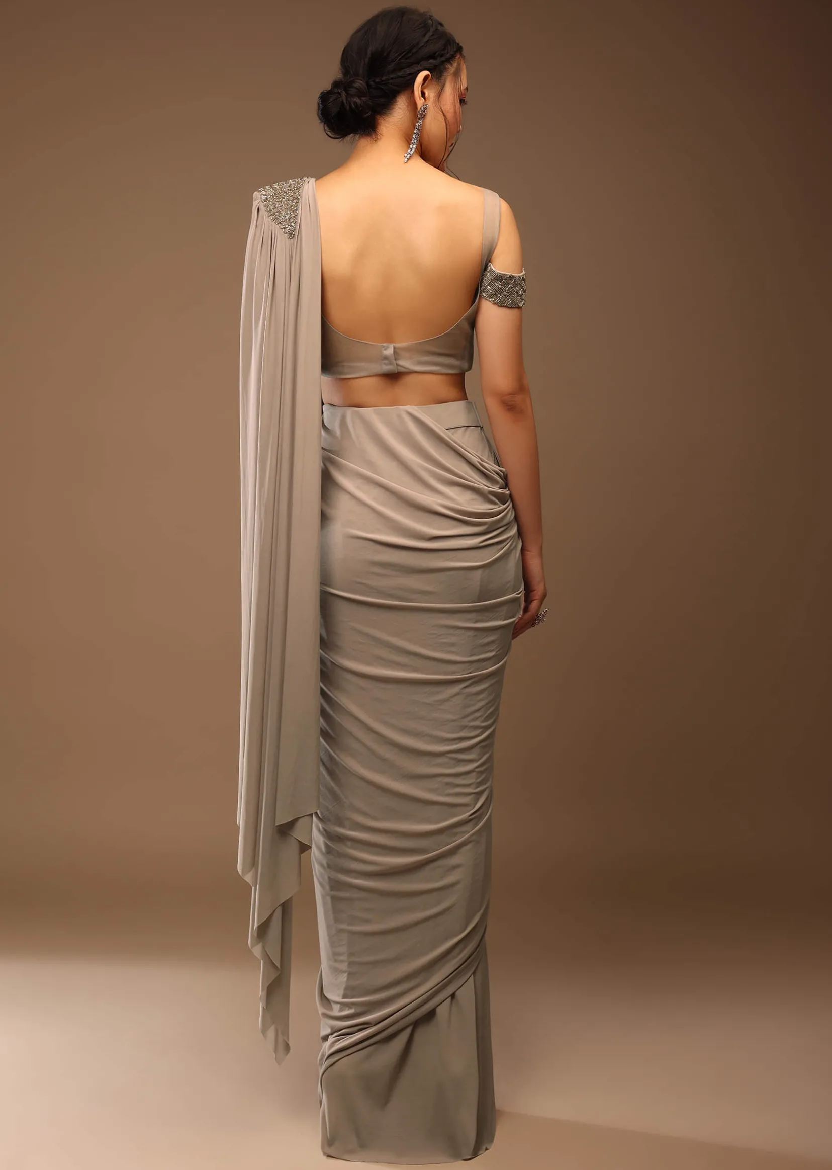 Zinc Grey Pre Drape Saree And A Cold Shoulder Top In Stones Embellishment