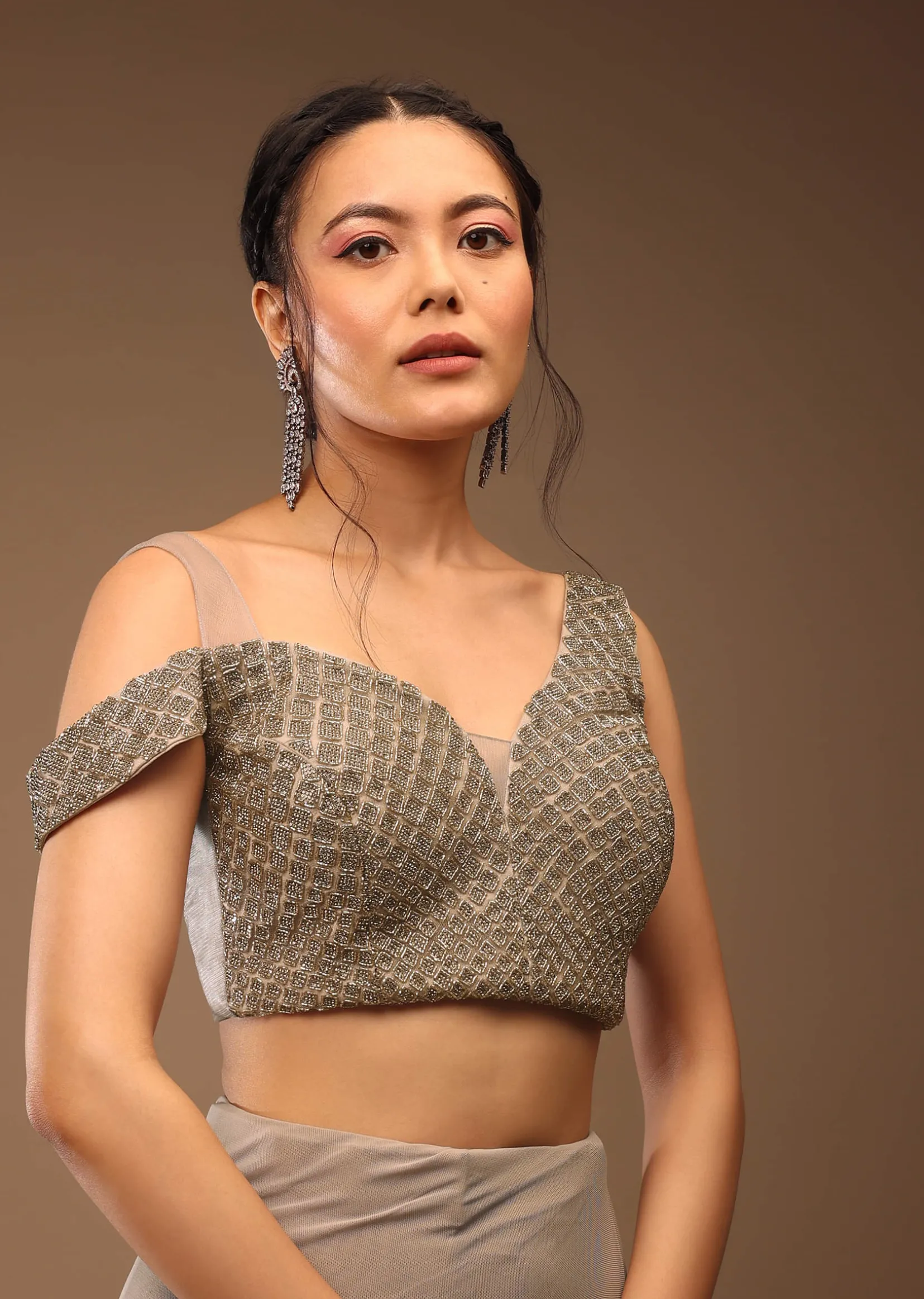 Zinc Grey Pre Drape Saree And A Cold Shoulder Top In Stones Embellishment
