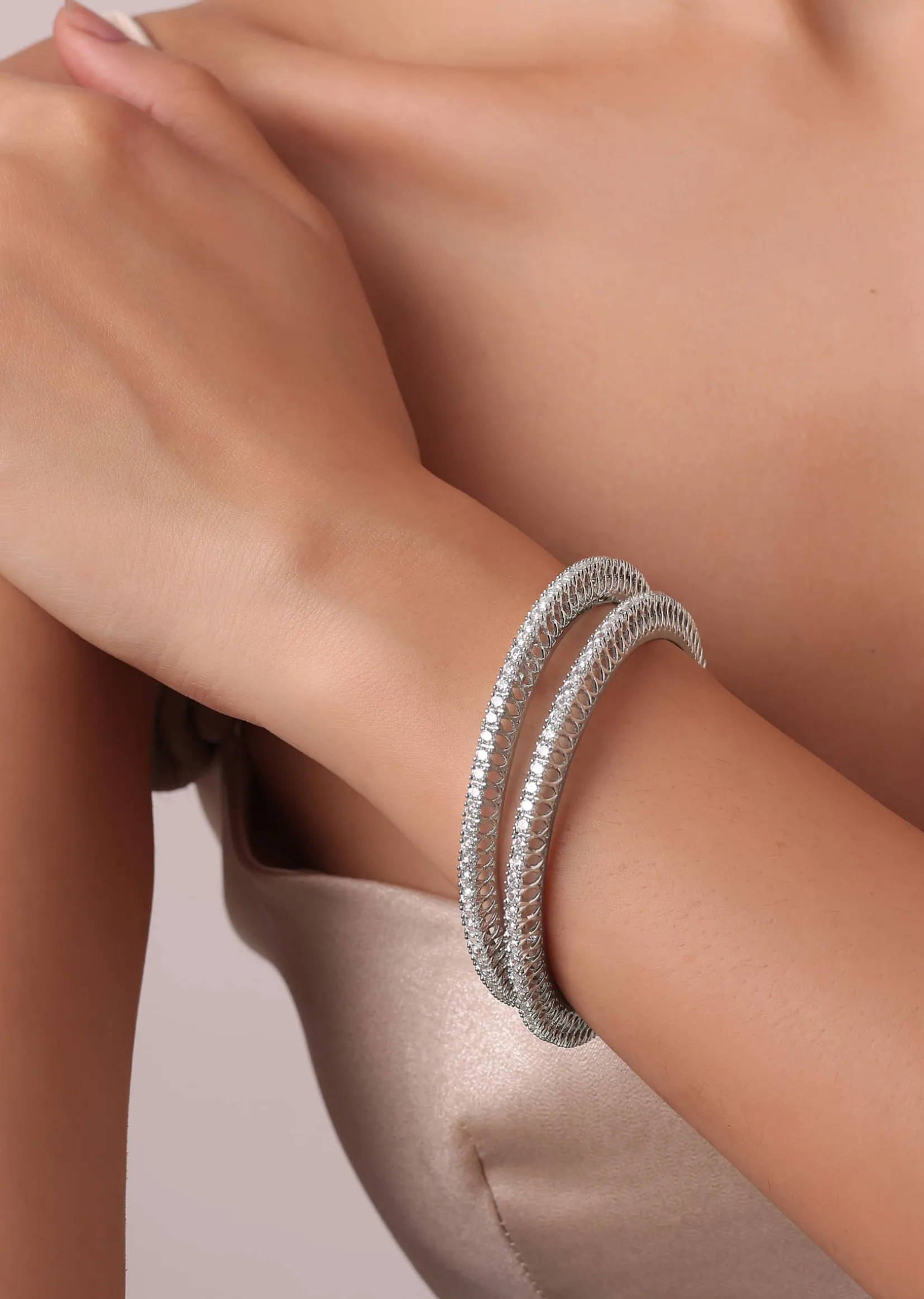 Zirconia 92.5 Sterling Silver Studded Bangles Set of 2